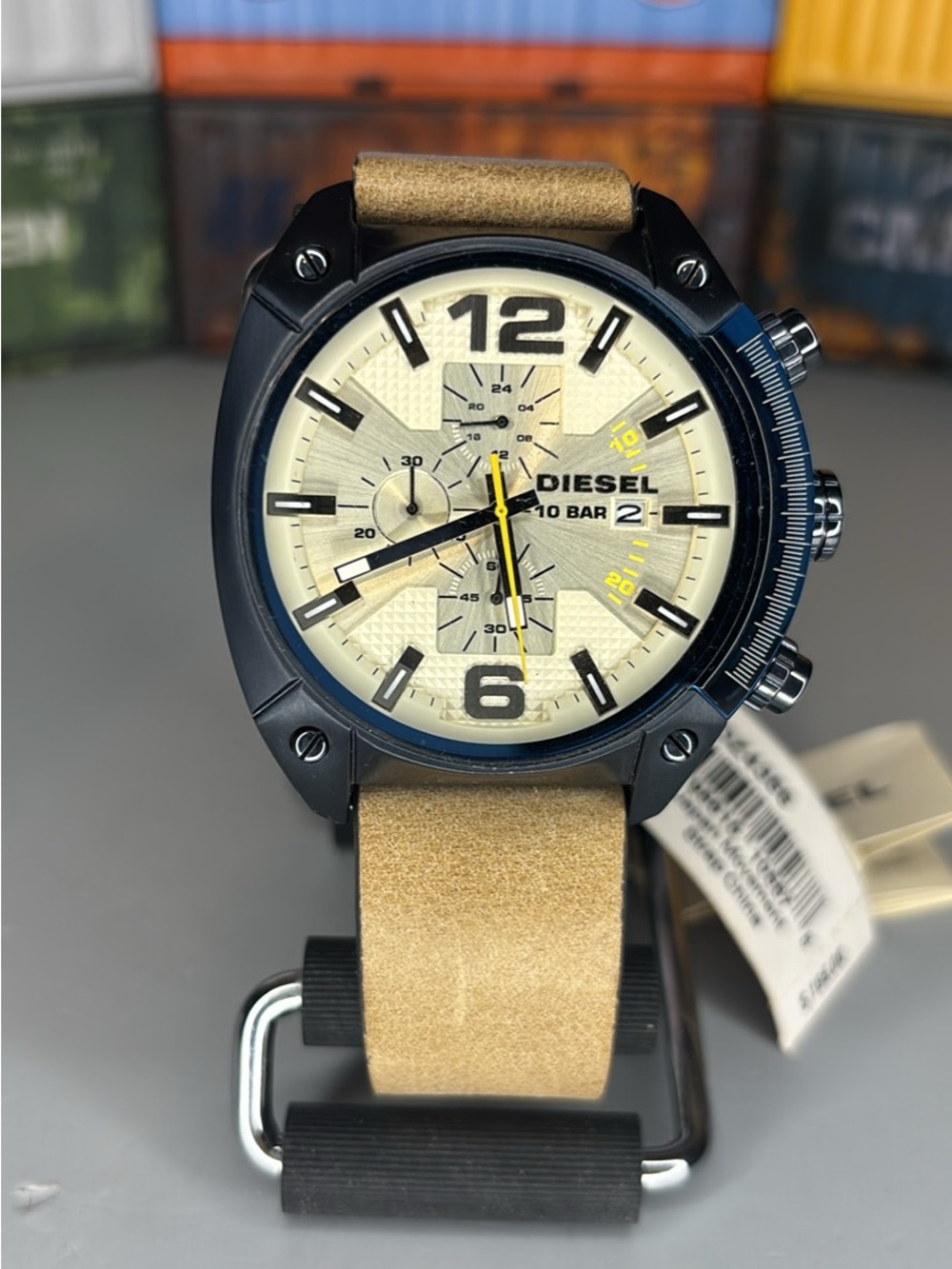 Diesel Beige Dial Chronograph Watch with Tan Leather Strap-NWOB